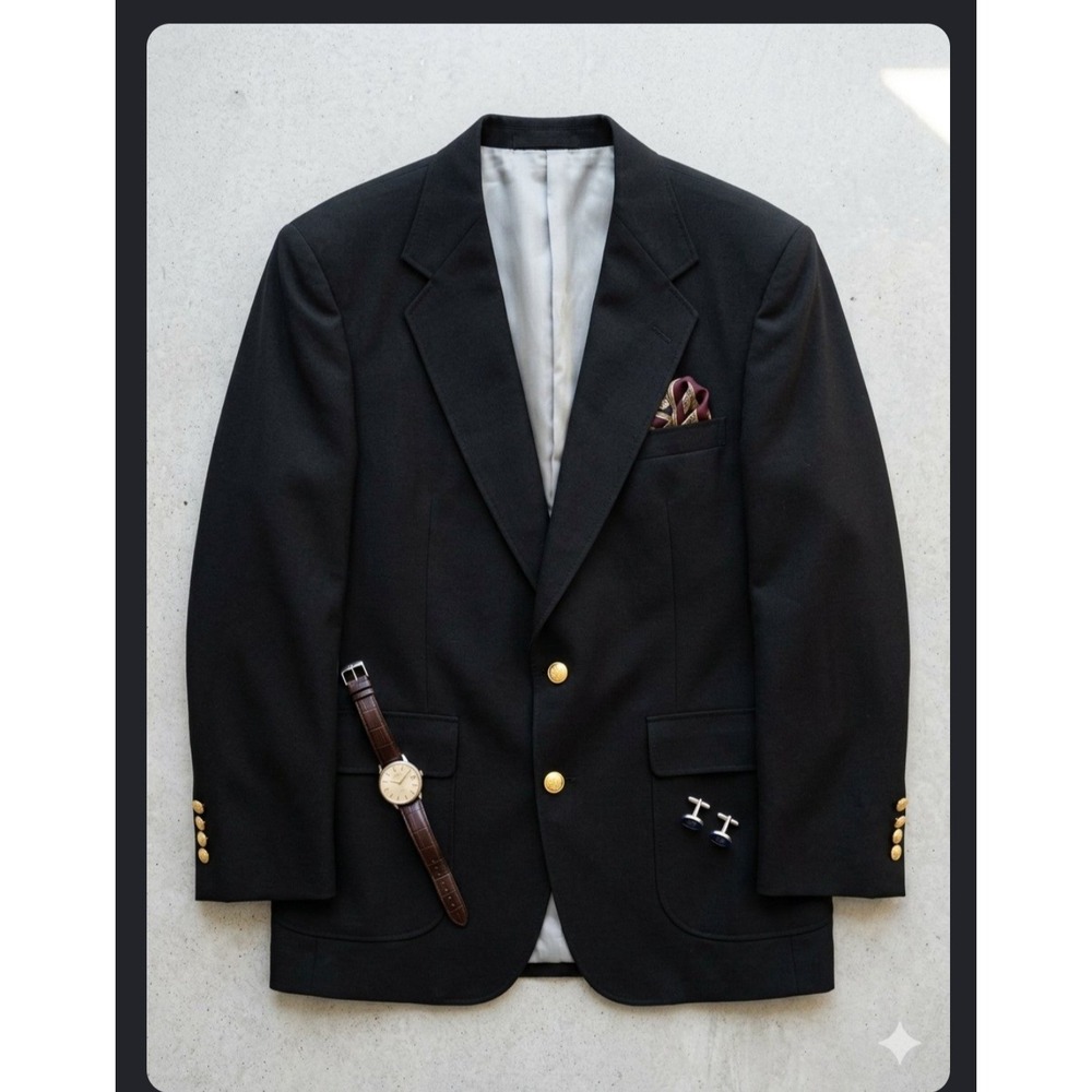 Stafford Mens Black Hopsack Blazer Gold Buttons Wool Blend Made in USA